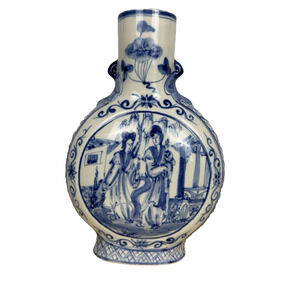 Chinese Blue White Double Handle Moon Flask Porcelain Vase 10.5" People Theme